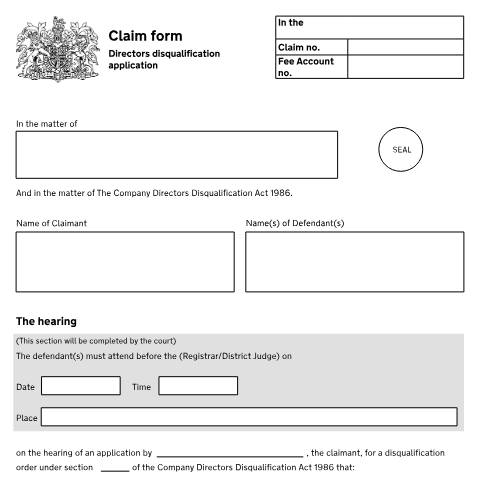 Document preview: Claim form (Directors disqualification proceedings): Form N500 — HM Courts & Tribunals Service, United Kingdom