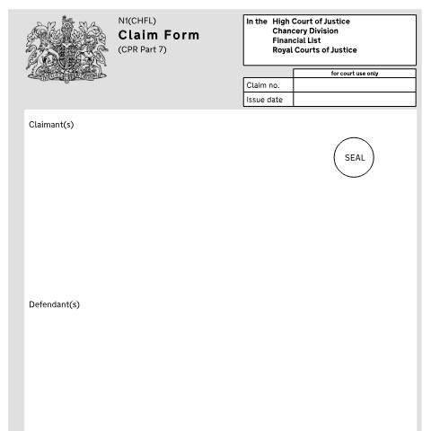 Document preview: Claim form Part 7 (Chancery Division Financial List): Form N1(CHFL) — HM Courts & Tribunals Service, United Kingdom
