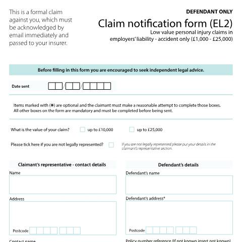 Document preview: Form EL2: Claim notification - low value personal injury claims in employers' liability - accident only (£1,000 - £25,000). Defendant only — HM Courts & Tribunals Service, United Kingdom