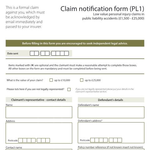 Document preview: Claim notification for low value personal injury claims in public liability accidents (£1,000 - £25,000): Form PL1 — HM Courts & Tribunals Service, United Kingdom