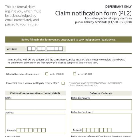 Document preview: Claim notification for defendants in low value personal injury claims in public liability accidents (£1,000 - £25,000): Form PL2 — HM Courts & Tribunals Service, United Kingdom