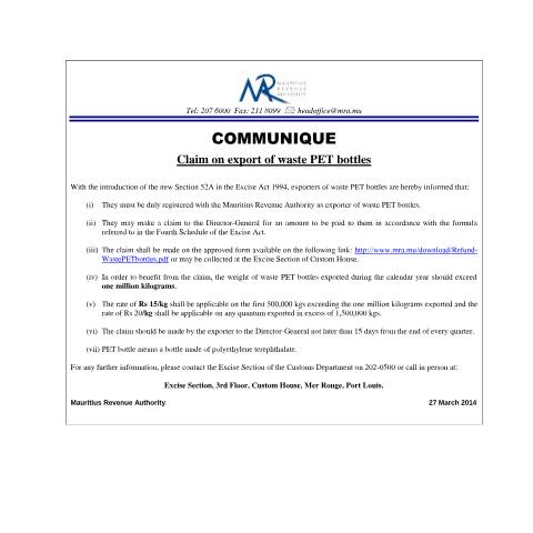 Document preview: Claim on export of waste PET bottles (27.03.14) — Form, Mauritius (CERFA n°PETbottles280314)