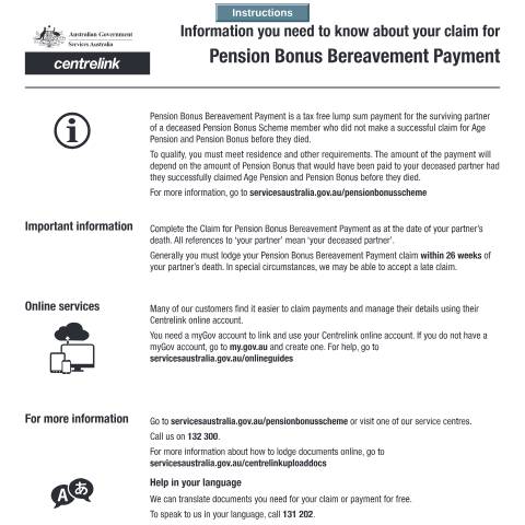 Document preview: Claim for Pension Bonus Bereavement Payment — Services Australia — Individuals (by code), Australia (CERFA n°SA388)