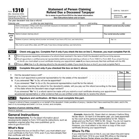 Document preview: IRS Form f1310 — IRS, United States (CERFA n°1310)
