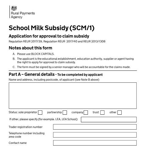 Document preview: Claim for the school milk subsidy scheme — Rural Payments Agency, United Kingdom