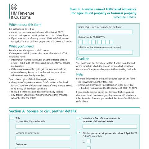 Document preview: Claim unused allowance for agricultural property or business property relief (IHT437) — HM Revenue & Customs, United Kingdom