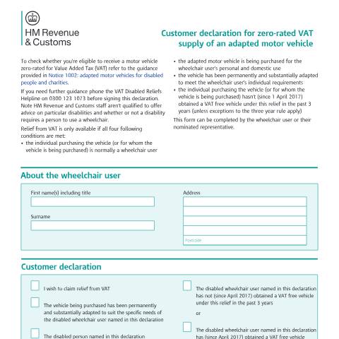 Document preview: Claim VAT relief on an adapted motor vehicle — HM Revenue & Customs, United Kingdom