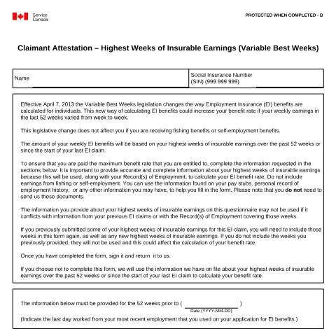 Document preview: Claimant Attestation - Highest Weeks of Insurable Earnings (Variable Best Weeks) — Employment Insurance, Canada (CERFA n°INS5241)
