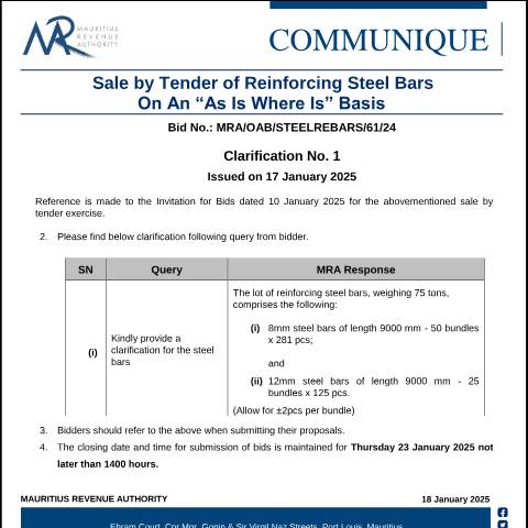 Document preview: Clarification No. 1 (17.01.25) — Document, Mauritius (CERFA n°Clarification1SteelBars170125)