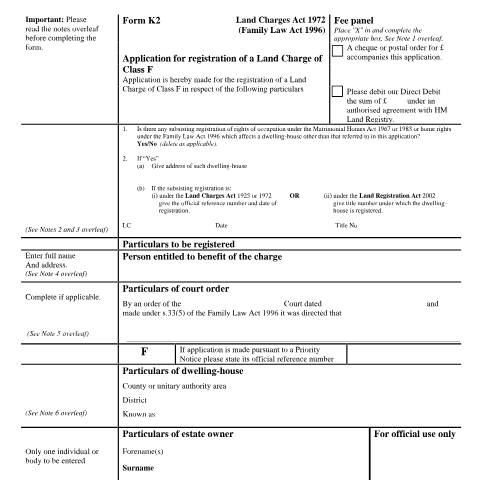 Document preview: Class F Land charge registration: application (K2) — HM Land Registry, United Kingdom