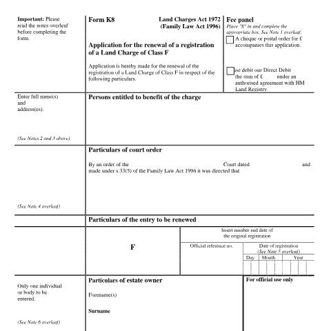 Document preview: Class F Land charge registration renewal: application (K8) — HM Land Registry, United Kingdom