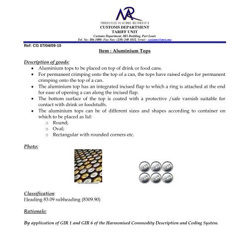 Document preview: Classification for Aluminium Tops — Document, Mauritius (CERFA n°Aluminium_Tops)