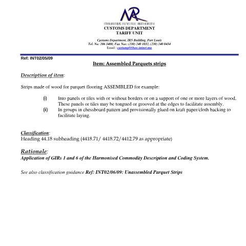 Document preview: Classification of Assembled Parquet Panels — Document, Mauritius (CERFA n°Assembled_Parquet_Panels)