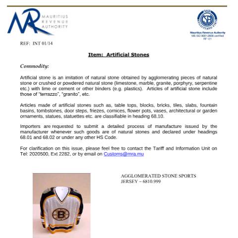 Document preview: Classification for Artificial Stones — Document, Mauritius (CERFA n°ArtificialStones190214)