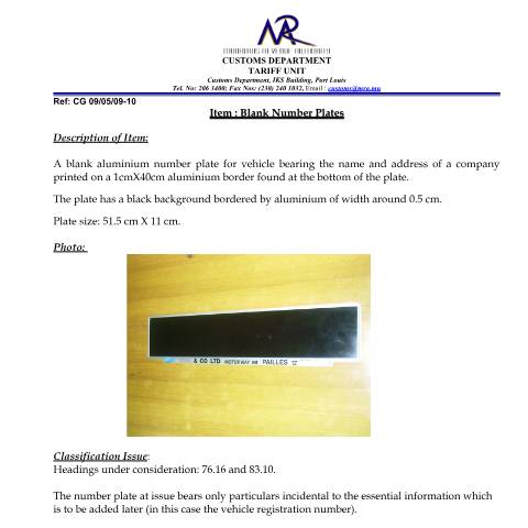 Document preview: Classification for Blank Number Plates — Document, Mauritius (CERFA n°Number_Plates)