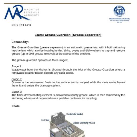Document preview: Classification for Separator — Document, Mauritius (CERFA n°GreaseSeparator)