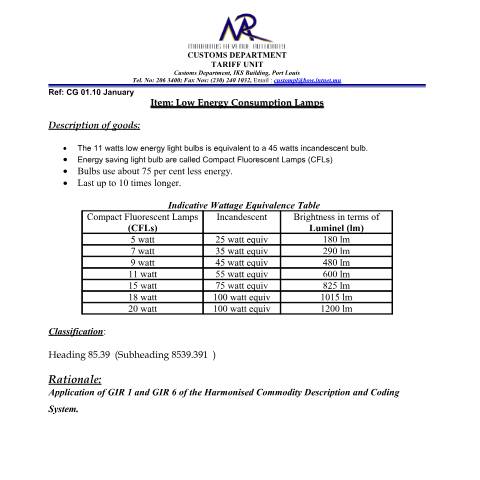 Document preview: Classification for Low Energy Consumption lamps — Document, Mauritius (CERFA n°Economic_Lamp)