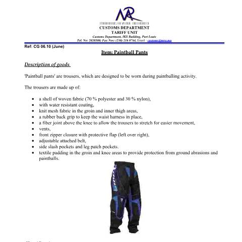 Document preview: Classification for Paintball Pants — Document, Mauritius (CERFA n°PaintballPants)