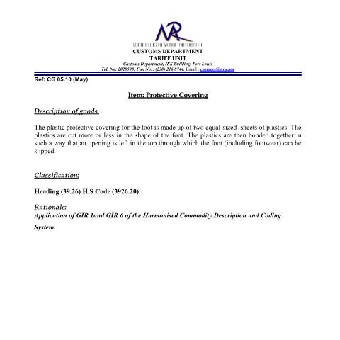 Document preview: Classification for Protective covering — Document, Mauritius (CERFA n°ProtectiveCovering)
