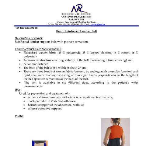 Document preview: Classification for Reinforced Lumbar Belt — Document, Mauritius (CERFA n°Reinforced_Lumbar_Belt)