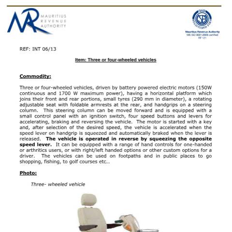 Document preview: Classification for Three or Four Wheeled Vehicles — Document, Mauritius (CERFA n°ThreeorFourWheeledVehicles)
