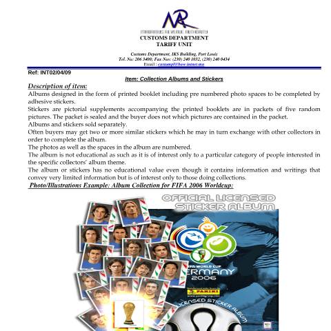 Document preview: Classification of Album &amp; Stickers — Document, Mauritius (CERFA n°AlbumStickers)