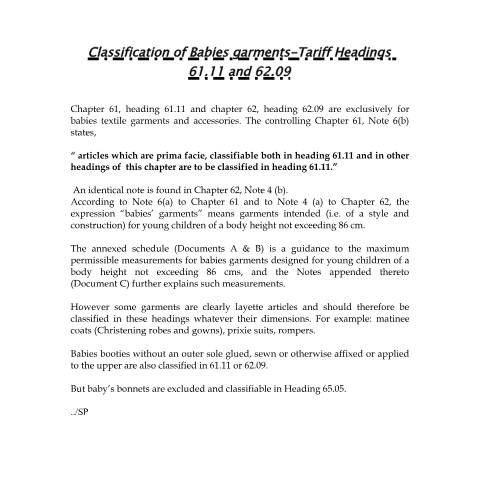 Document preview: Classification of Babies' Garments — Document, Mauritius (CERFA n°Babies)