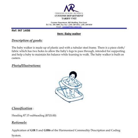 Document preview: Classification of Baby walker — Document, Mauritius (CERFA n°BabyWalker01)