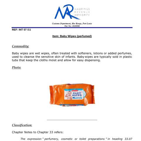 Document preview: Classification of Baby Wipes — Document, Mauritius (CERFA n°BabyWipes)