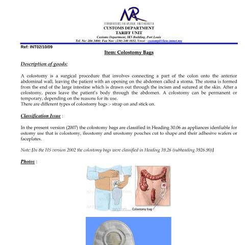 Document preview: Classification of Colostomy Bags — Document, Mauritius (CERFA n°ColostomyBags)