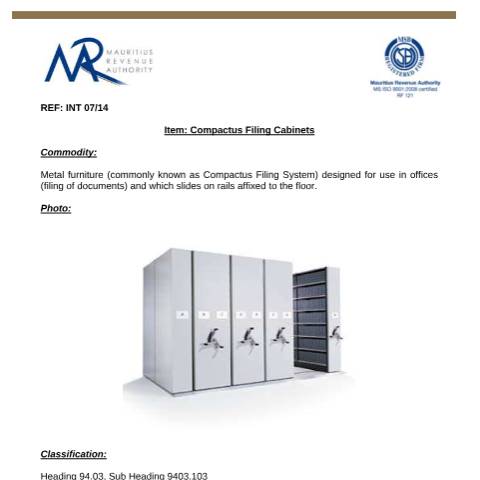 Document preview: Classification for Filing Cabinets — Document, Mauritius (CERFA n°FilingCabinets)