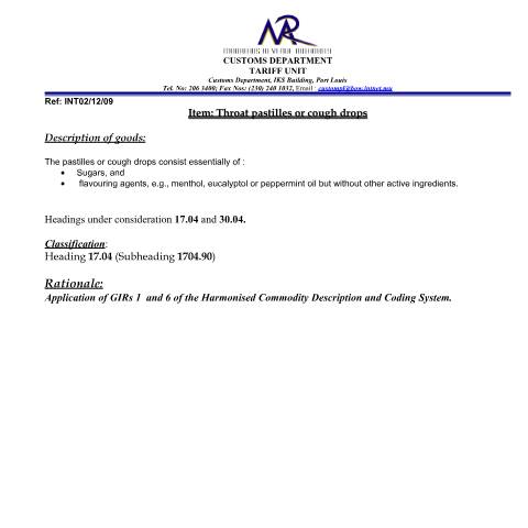 Document preview: Classification of Cough Drops — Document, Mauritius (CERFA n°CoughDrops)
