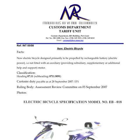 Document preview: Classification of Electric Bicycle — Document, Mauritius (CERFA n°ElectricBikes)