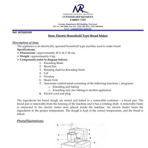 Document preview: Classification of Electric household bread maker — Document, Mauritius (CERFA n°ElectricHouseholdBread)