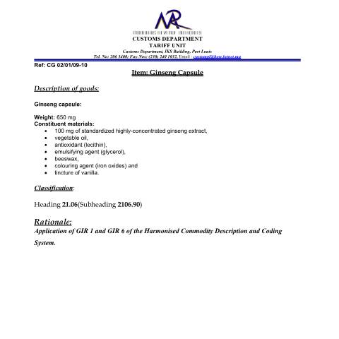 Document preview: Classification of Ginseng Capsules — Document, Mauritius (CERFA n°GinsengCapsule)