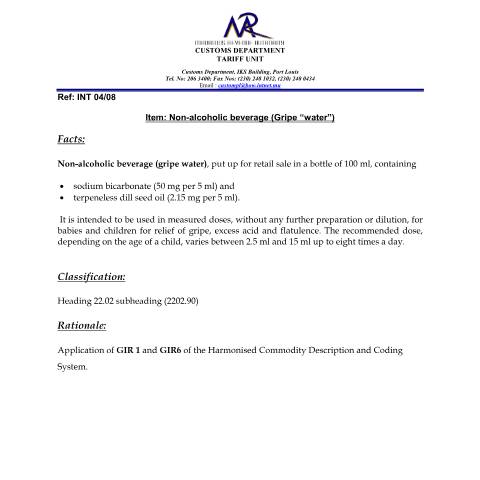 Document preview: Classification of Non-alcoholic beverage (Gripe “water”) — Document, Mauritius (CERFA n°GripeWater)