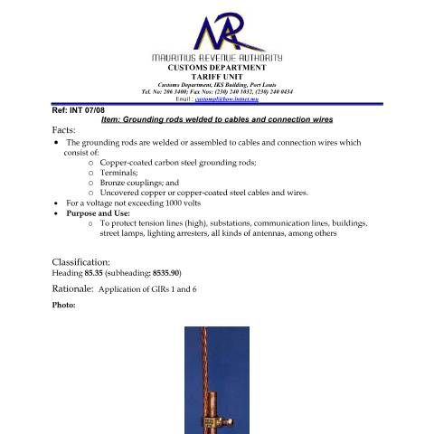 Document preview: Classification of Grounding Rods — Document, Mauritius (CERFA n°GroundingRod)