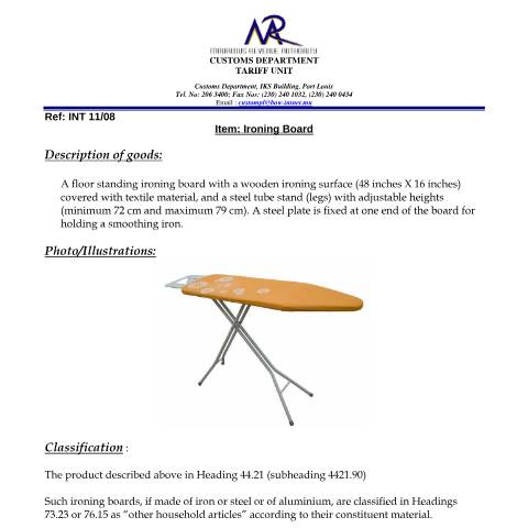 Document preview: Classification of Ironing Board — Document, Mauritius (CERFA n°IroningBoard01)