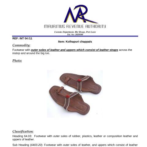 Document preview: Classification for Kolhapuri Chappals — Document, Mauritius (CERFA n°KolhapuriChappls)