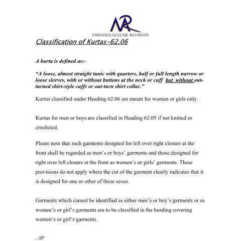 Document preview: Classification of Kurta — Document, Mauritius (CERFA n°kurta)