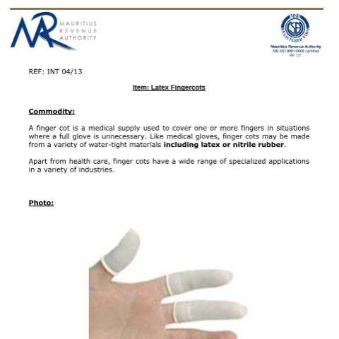 Document preview: Classification of Latex Fingercots — Document, Mauritius (CERFA n°LatexFingercots)