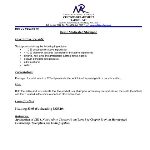 Document preview: Classification for Medicated Shampoo — Document, Mauritius (CERFA n°MedicatedShampoo)