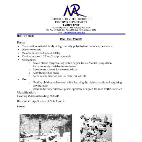 Document preview: Classification of Mini Vehicle — Document, Mauritius (CERFA n°MiniVehicle)