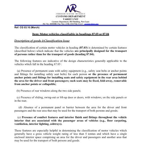 Document preview: Classification for Motor Vehicles falling under Heading 87.03 and 87.04 — Document, Mauritius (CERFA n°MotorVehiclesAnchorPoints)