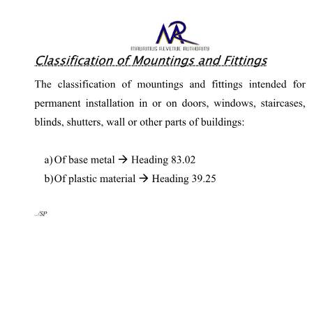 Document preview: Classification of Mountings &amp; Fittings — Document, Mauritius (CERFA n°Mountings)