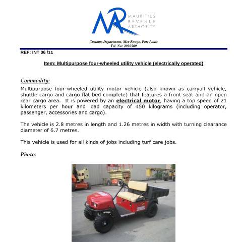 Document preview: Classification of Multipurpose&nbsp; four wheeled utility MV - Electric — Document, Mauritius (CERFA n°Multipurpose4wheeledUtilityMVElectric)