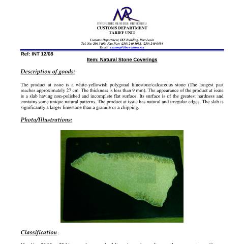 Document preview: Classification of Natural Stone Coverings — Document, Mauritius (CERFA n°NaturalStoneCoverings01)