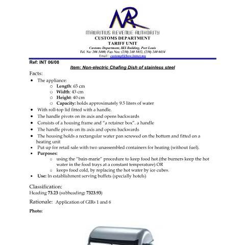 Document preview: Classification of Chafing Dish — Document, Mauritius (CERFA n°ChafingDish)