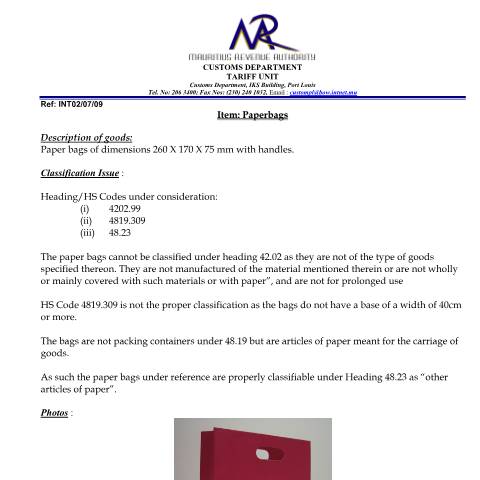 Document preview: Classification of Paperbags — Document, Mauritius (CERFA n°Paperbags)