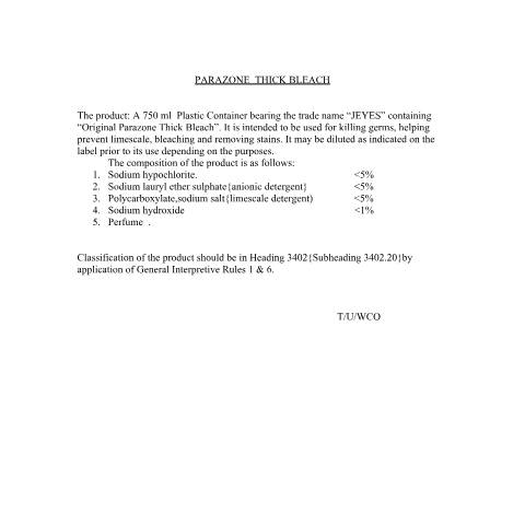 Document preview: Classification of Parazone Thick Bleach — Document, Mauritius (CERFA n°parazone)